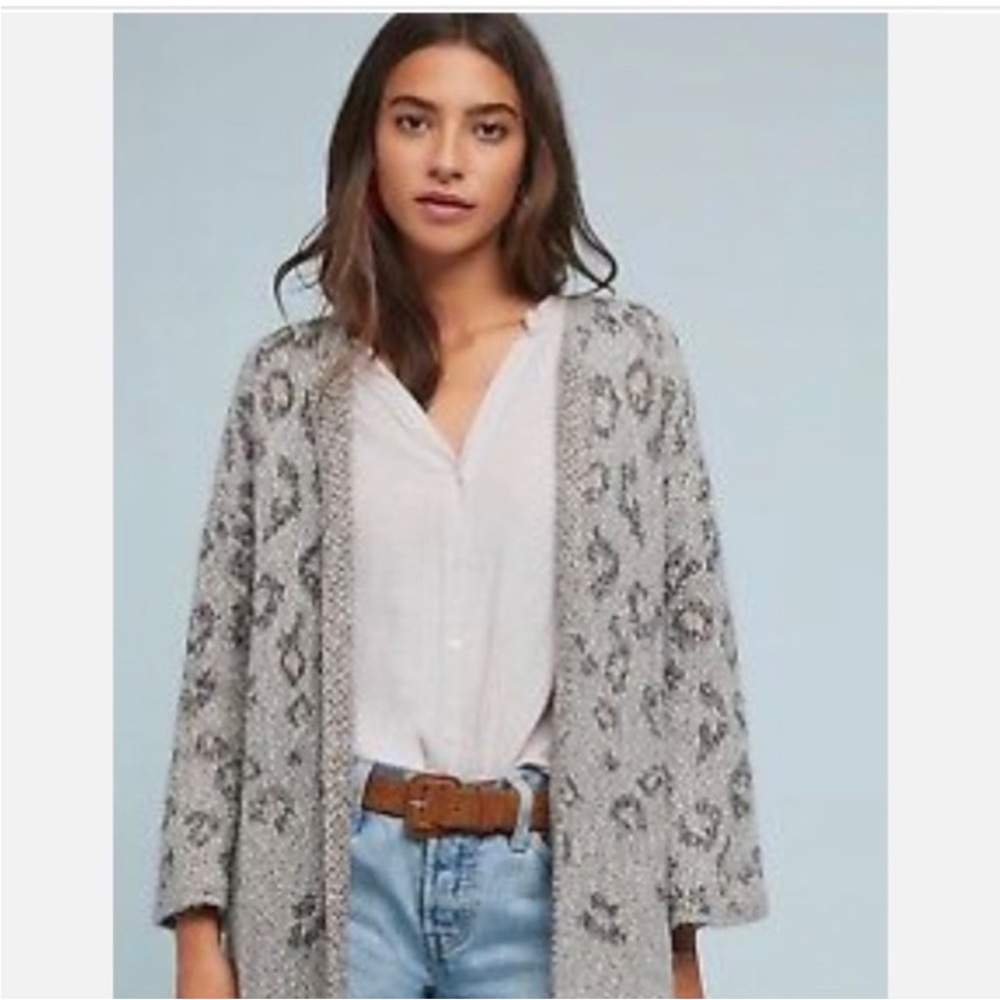 Anthropologie- Cupcakes & Cashmere Gray Leopard Knit Sweater